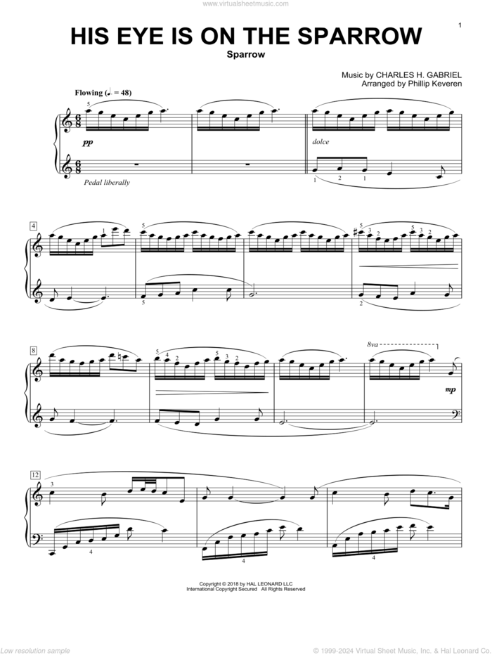 His Eye Is On The Sparrow [Classical version] (arr. Phillip Keveren) sheet music for piano solo by Charles H. Gabriel, Phillip Keveren and Civilla D. Martin, classical score, intermediate skill level