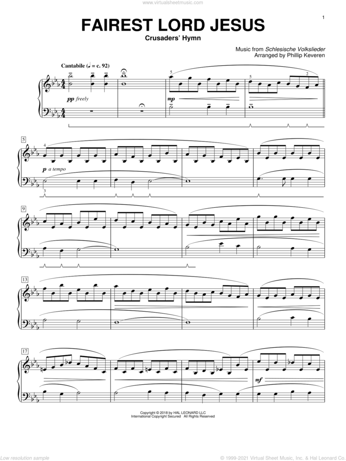 Fairest Lord Jesus [Classical version] (arr. Phillip Keveren) sheet music for piano solo by Joseph August Seiss, Phillip Keveren, Traditional Hymn, Munster Gesangbuch and Schlesische Volkslieder, classical score, intermediate skill level