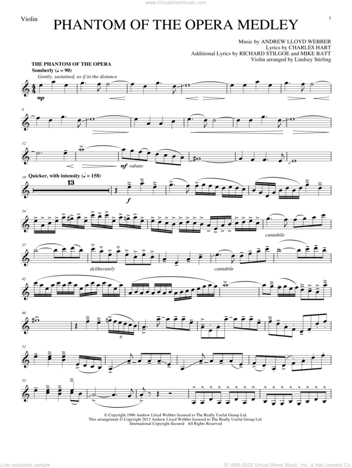Phantom of The Opera Medley sheet music for violin solo by Lindsey Stirling, Andrew Lloyd Webber, Charles Hart and Richard Stilgoe, intermediate skill level