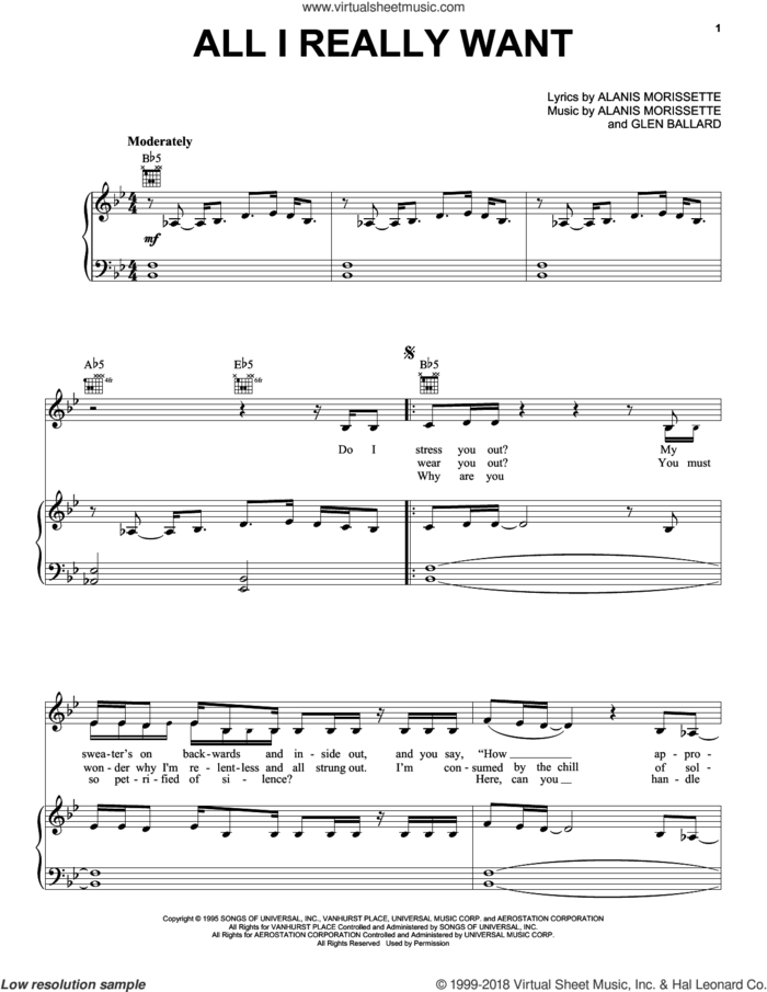 All I Really Want sheet music for voice, piano or guitar by Alanis Morissette and Glen Ballard, intermediate skill level