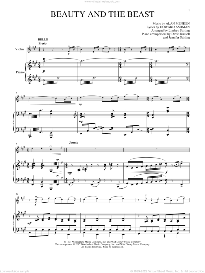 Beauty and The Beast Medley sheet music for violin and piano by Alan Menken, Lindsey Stirling and Howard Ashman, intermediate skill level