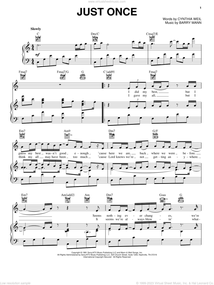 Just Once sheet music for voice, piano or guitar by Quincy Jones featuring James Ingram, James Ingram, Quincy Jones, Barry Mann and Cynthia Weil, intermediate skill level