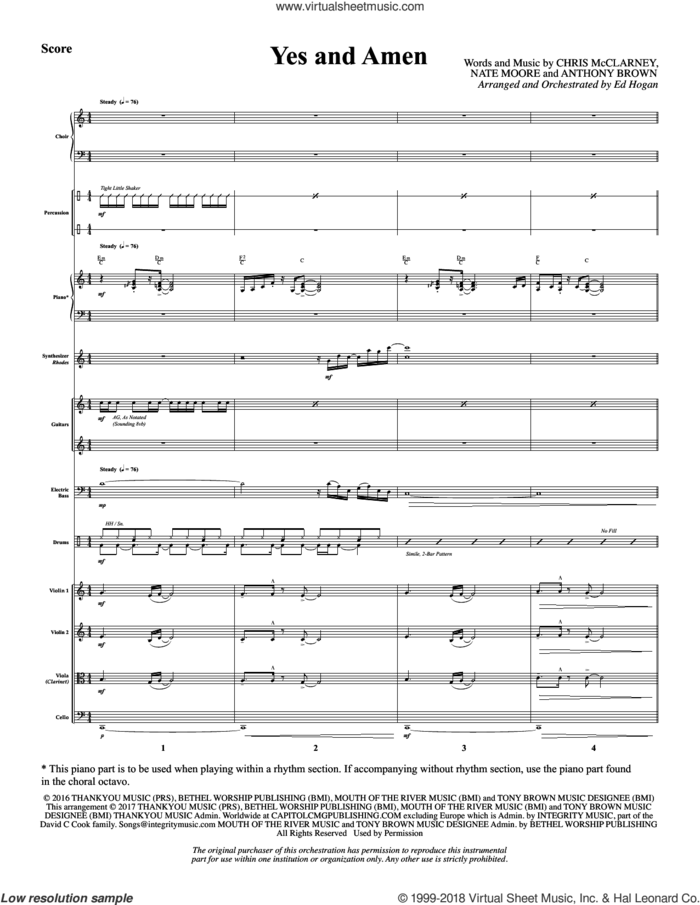 Yes and Amen (COMPLETE) sheet music for orchestra/band by Chris Tomlin, Anthony Brown, Chris McClarney, Ed Hogan and Nate Moore, intermediate skill level