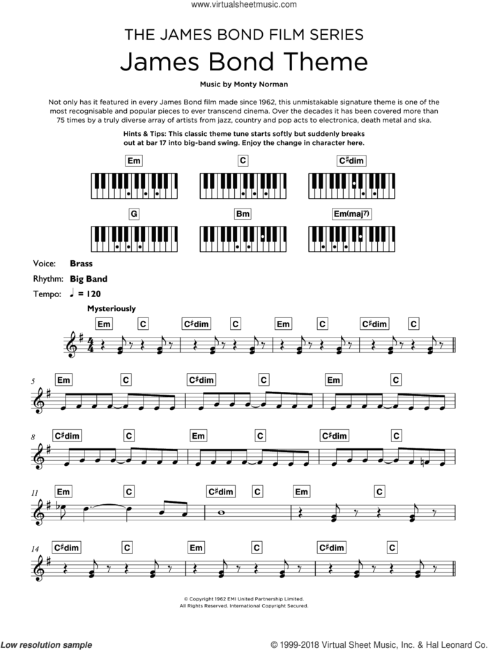 The James Bond Theme sheet music for piano solo (keyboard) by Monty Norman, intermediate piano (keyboard)