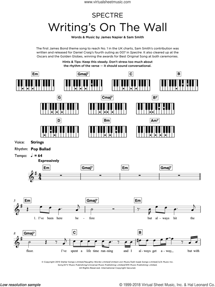 Writing's On The Wall sheet music for piano solo (keyboard) by Sam Smith and James Napier, intermediate piano (keyboard)