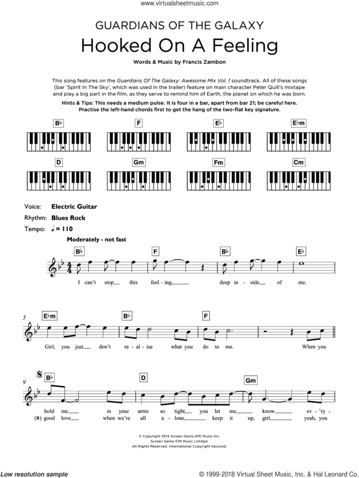 Hooked On A Feeling sheet music for piano solo (keyboard) by Blue Swede and Francis Zambon, intermediate piano (keyboard)