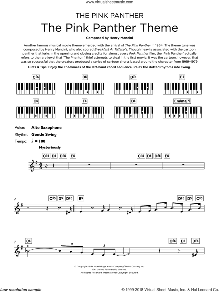 The Pink Panther Theme sheet music for piano solo (keyboard) by Henry Mancini, intermediate piano (keyboard)