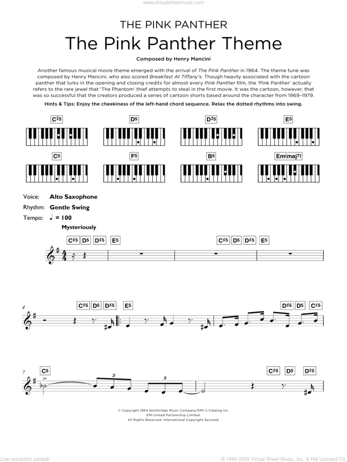 The Pink Panther Theme sheet music for piano solo (keyboard) by Henry Mancini, intermediate piano (keyboard)