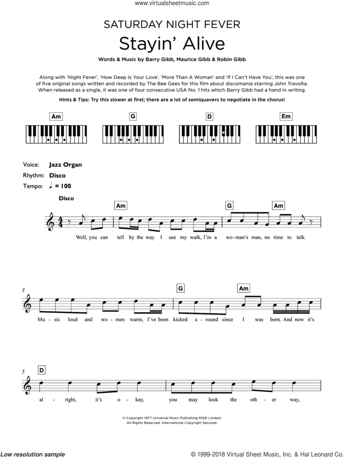 Stayin' Alive sheet music for piano solo (keyboard) by Bee Gees, Barry Gibb, Maurice Gibb and Robin Gibb, intermediate piano (keyboard)