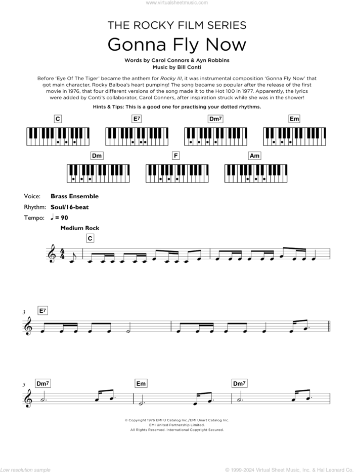 Gonna Fly Now (Theme from Rocky) sheet music for piano solo (keyboard) by Bill Conti, intermediate piano (keyboard)