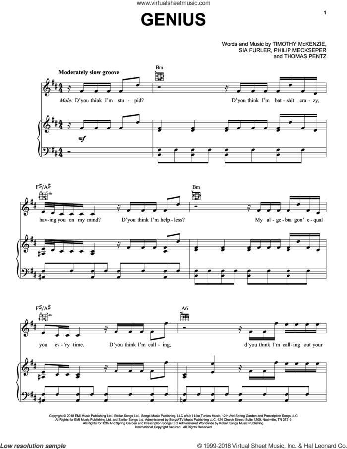 Genius sheet music for voice, piano or guitar by Labrinth, Sia & Diplo, Philip Meckseper, Sia Furler, Thomas Wesley Pentz and Timothy McKenzie, intermediate skill level