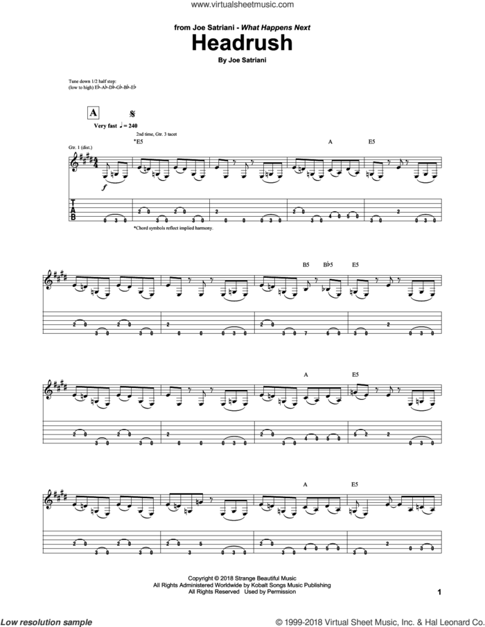 Headrush sheet music for guitar (tablature) by Joe Satriani, intermediate skill level