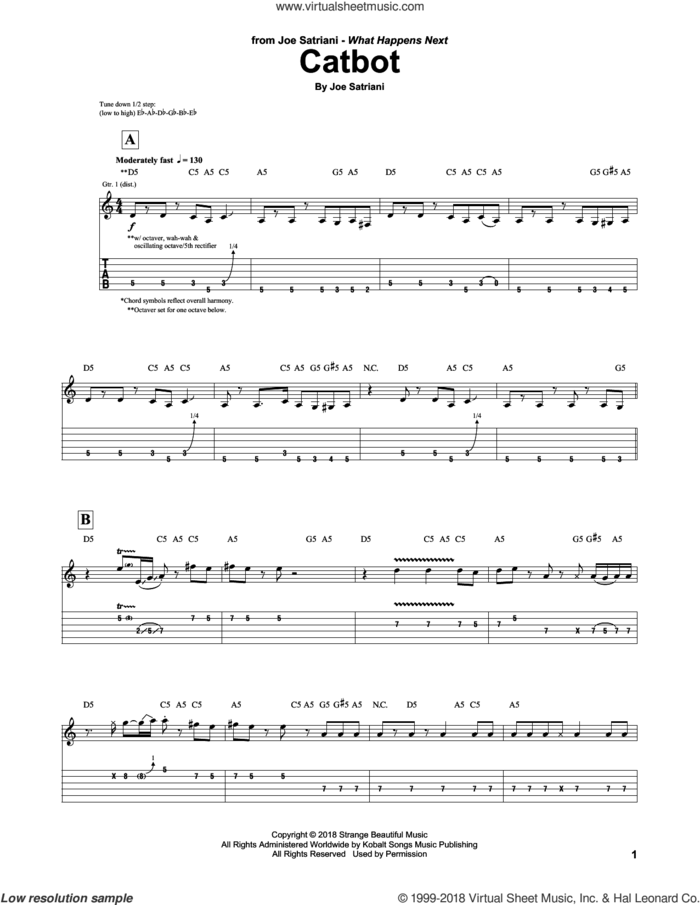 Catbot sheet music for guitar (tablature) by Joe Satriani, intermediate skill level