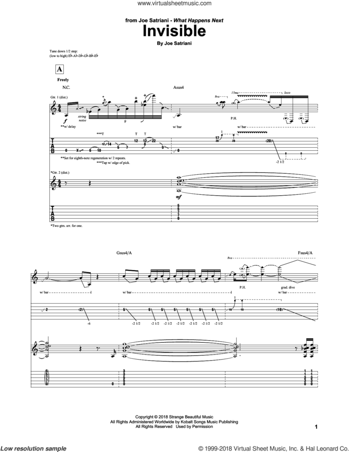Invisible sheet music for guitar (tablature) by Joe Satriani, intermediate skill level