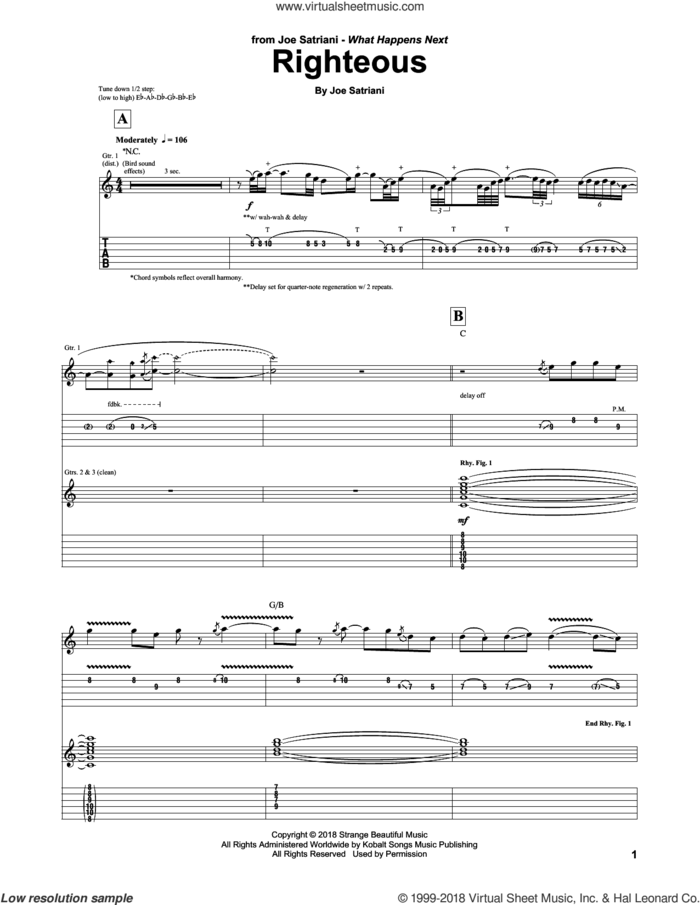 Righteous sheet music for guitar (tablature) by Joe Satriani, intermediate skill level