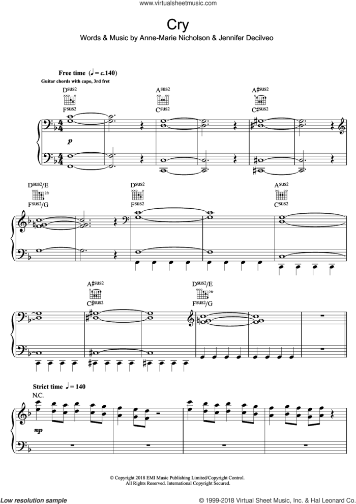 Cry sheet music for voice, piano or guitar by Anne-Marie, Anne-Marie Nicholson and Jennifer Decilveo, intermediate skill level