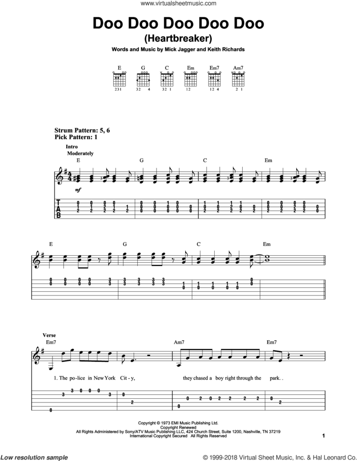 Doo Doo Doo Doo Doo (Heartbreaker) sheet music for guitar solo (easy tablature) by The Rolling Stones, Keith Richards and Mick Jagger, easy guitar (easy tablature)