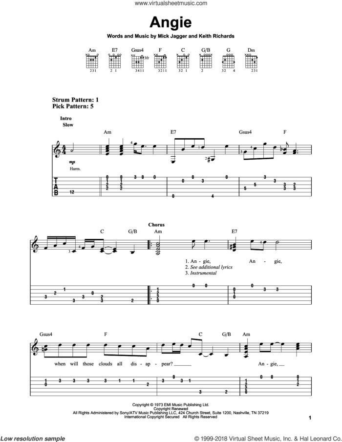 Angie sheet music for guitar solo (easy tablature) by The Rolling Stones, Keith Richards and Mick Jagger, easy guitar (easy tablature)