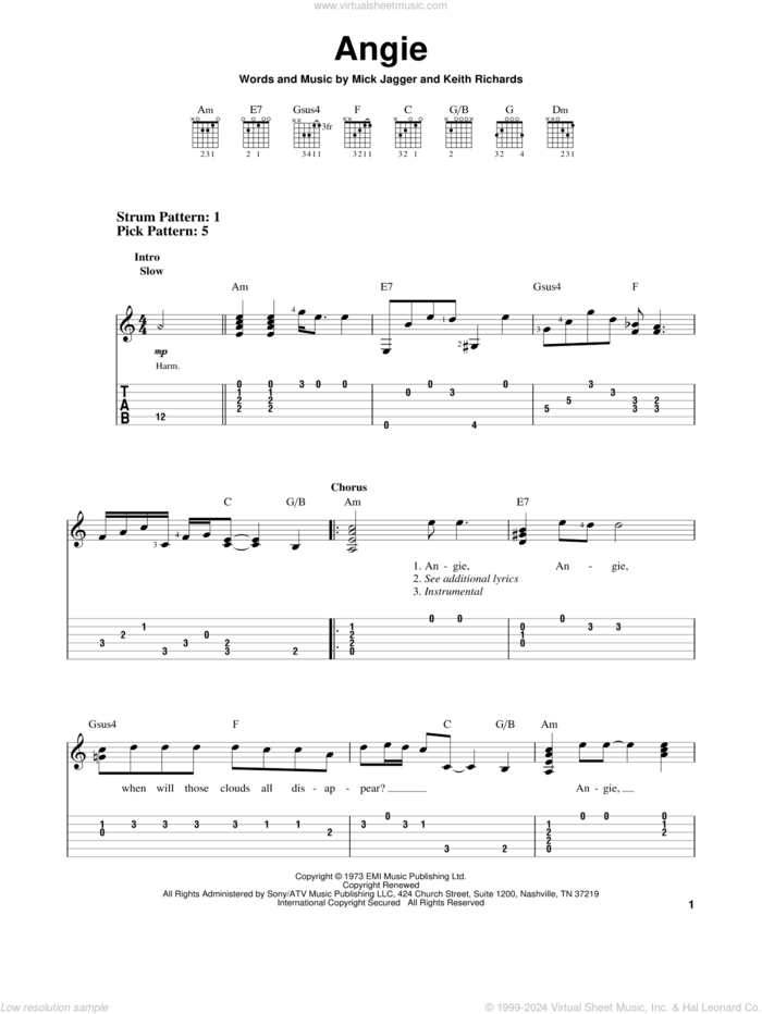 Angie sheet music for guitar solo (easy tablature) by The Rolling Stones, Keith Richards and Mick Jagger, easy guitar (easy tablature)