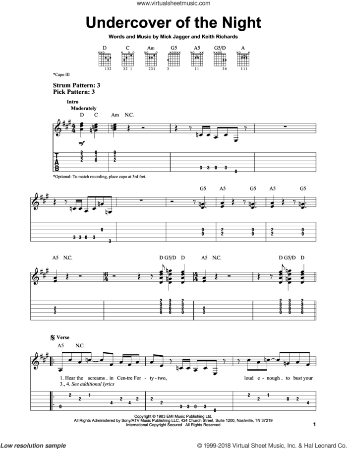 Undercover Of The Night sheet music for guitar solo (easy tablature) by The Rolling Stones, Keith Richards and Mick Jagger, easy guitar (easy tablature)