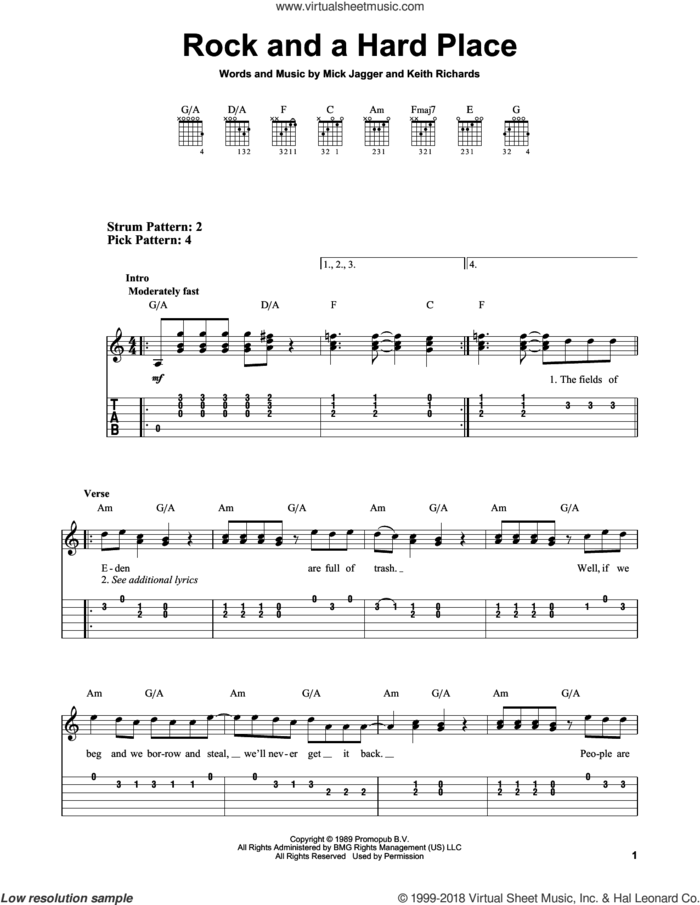 Rock And A Hard Place sheet music for guitar solo (easy tablature) by The Rolling Stones, Keith Richards and Mick Jagger, easy guitar (easy tablature)