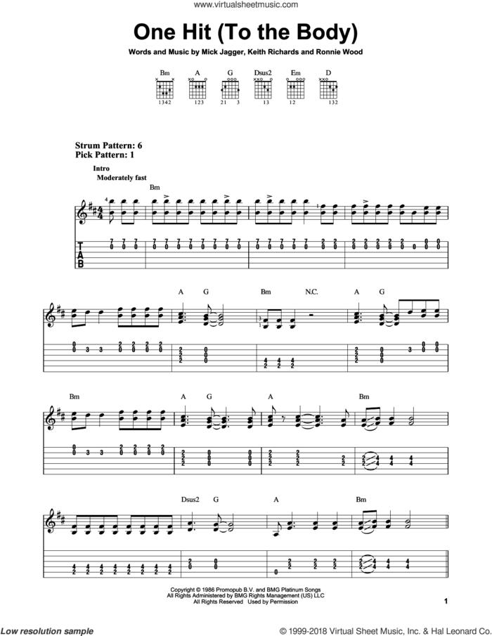 One Hit (To The Body) sheet music for guitar solo (easy tablature) by The Rolling Stones, Keith Richards, Mick Jagger and Ronnie Wood, easy guitar (easy tablature)