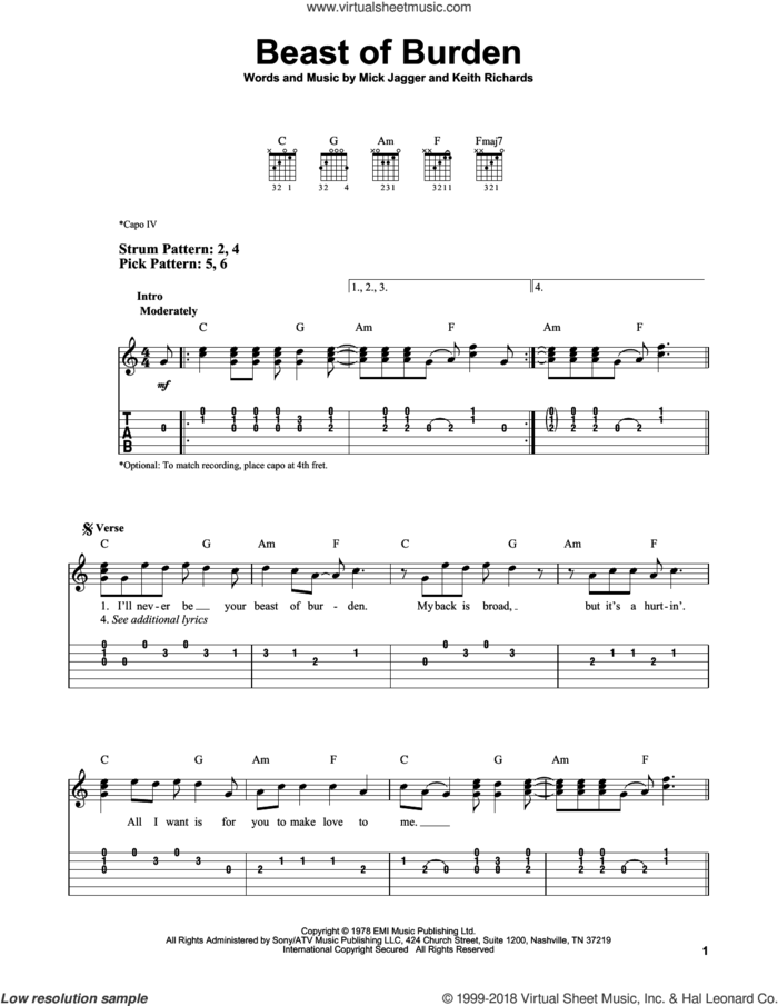 Beast Of Burden sheet music for guitar solo (easy tablature) by The Rolling Stones, Keith Richards and Mick Jagger, easy guitar (easy tablature)