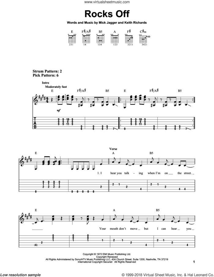 Rocks Off sheet music for guitar solo (easy tablature) by The Rolling Stones, Keith Richards and Mick Jagger, easy guitar (easy tablature)