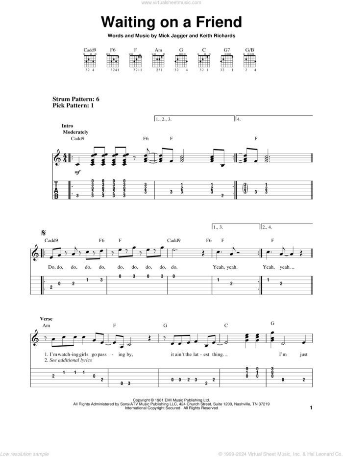 Waiting On A Friend sheet music for guitar solo (easy tablature) by The Rolling Stones, Keith Richards and Mick Jagger, easy guitar (easy tablature)