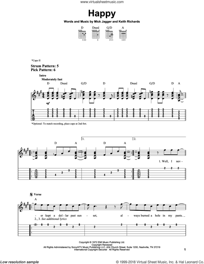Happy sheet music for guitar solo (easy tablature) by The Rolling Stones, Keith Richards and Mick Jagger, easy guitar (easy tablature)