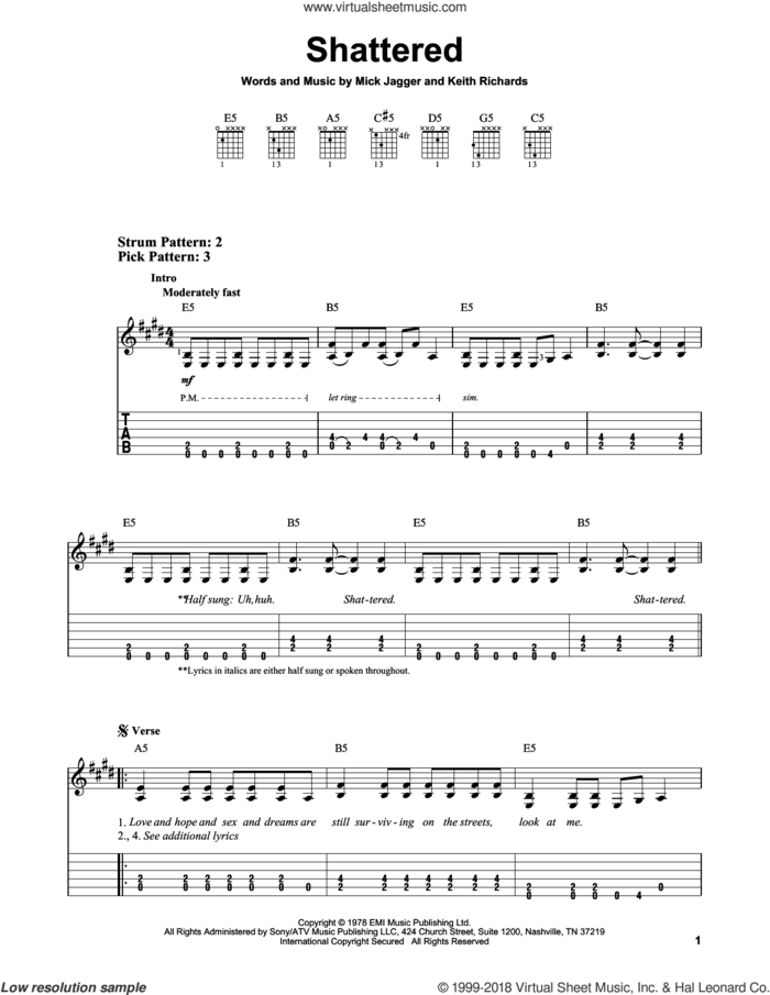 Shattered sheet music for guitar solo (easy tablature) by The Rolling Stones, Keith Richards and Mick Jagger, easy guitar (easy tablature)