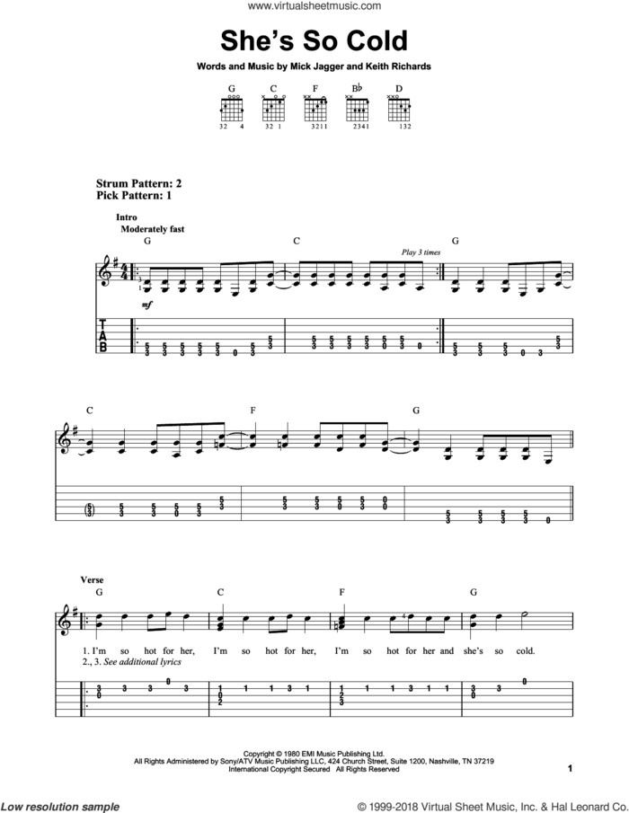 She's So Cold sheet music for guitar solo (easy tablature) by The Rolling Stones, Keith Richards and Mick Jagger, easy guitar (easy tablature)