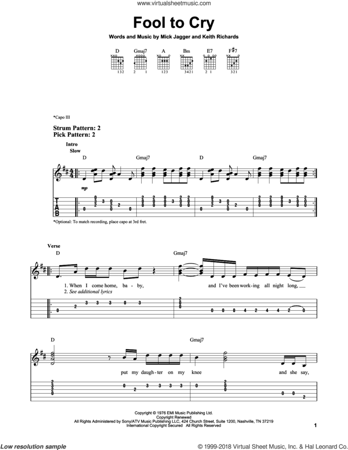 Fool To Cry sheet music for guitar solo (easy tablature) by The Rolling Stones, Keith Richards and Mick Jagger, easy guitar (easy tablature)