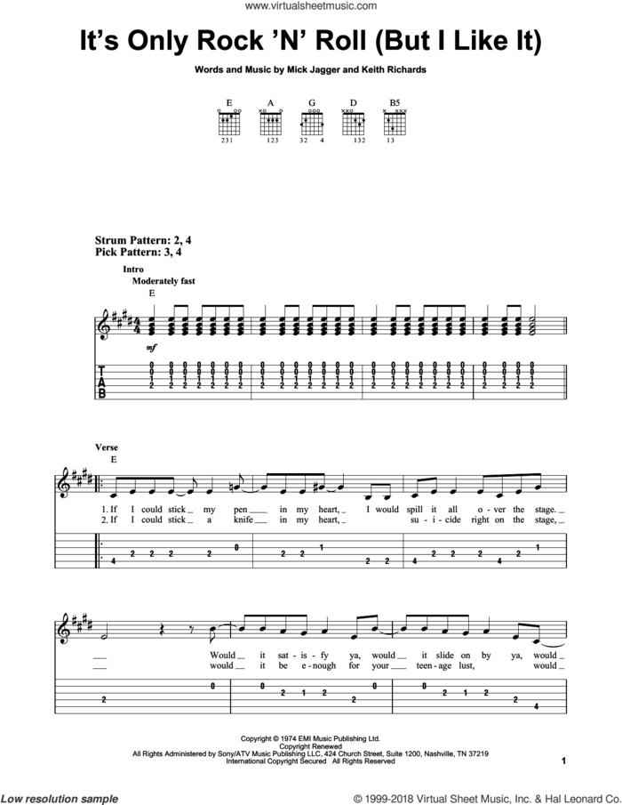 It's Only Rock 'N' Roll (But I Like It) sheet music for guitar solo (easy tablature) by The Rolling Stones, Keith Richards and Mick Jagger, easy guitar (easy tablature)