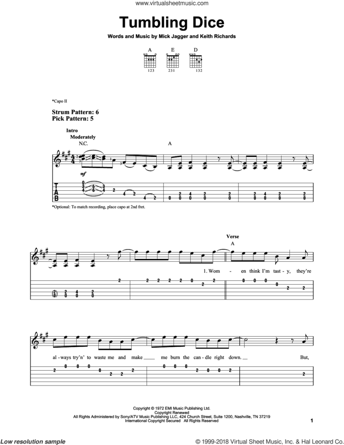 Tumbling Dice sheet music for guitar solo (easy tablature) by The Rolling Stones, Keith Richards and Mick Jagger, easy guitar (easy tablature)