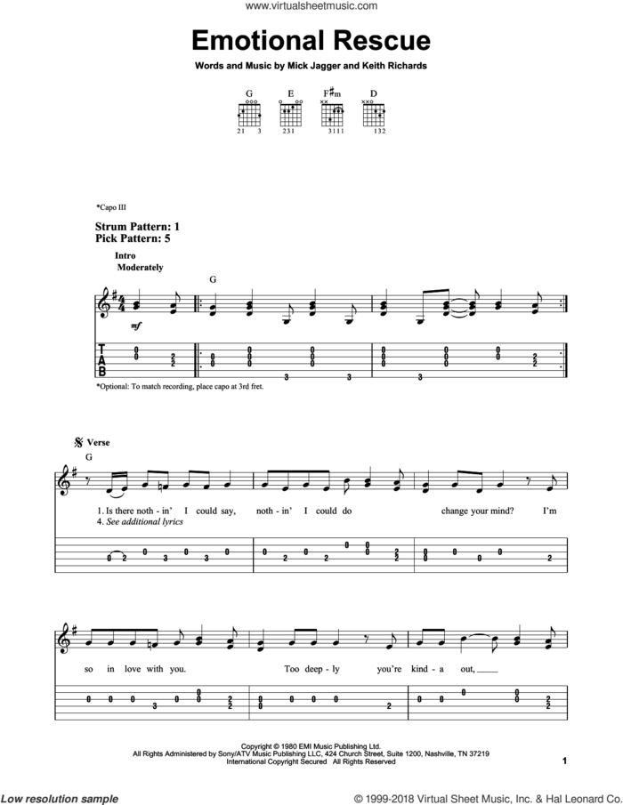 Emotional Rescue sheet music for guitar solo (easy tablature) by The Rolling Stones, Keith Richards and Mick Jagger, easy guitar (easy tablature)