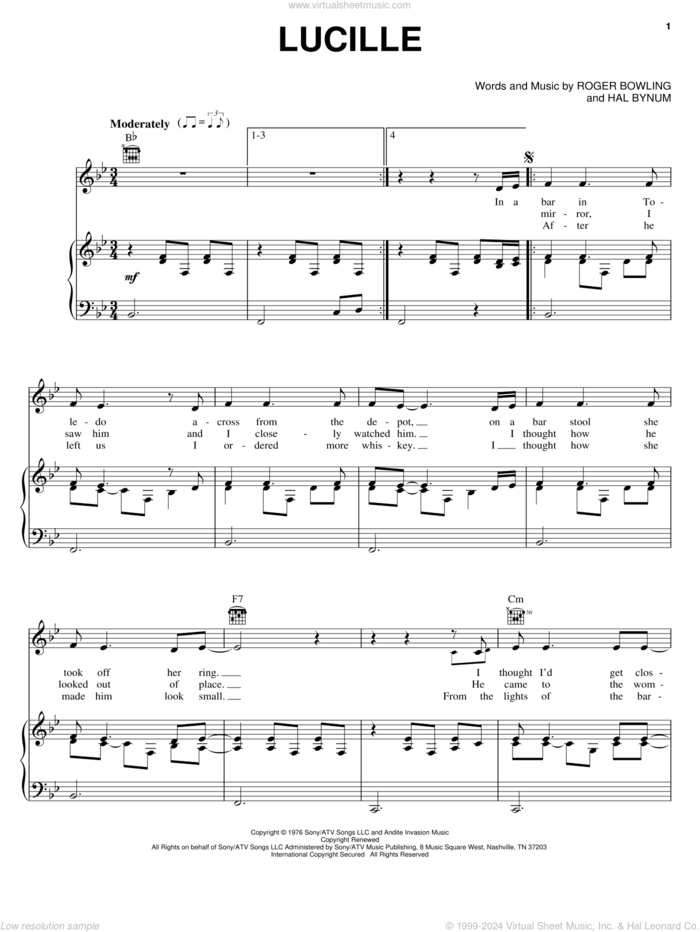 Lucille sheet music for voice, piano or guitar by Kenny Rogers, Hal Bynum and Roger Bowling, intermediate skill level