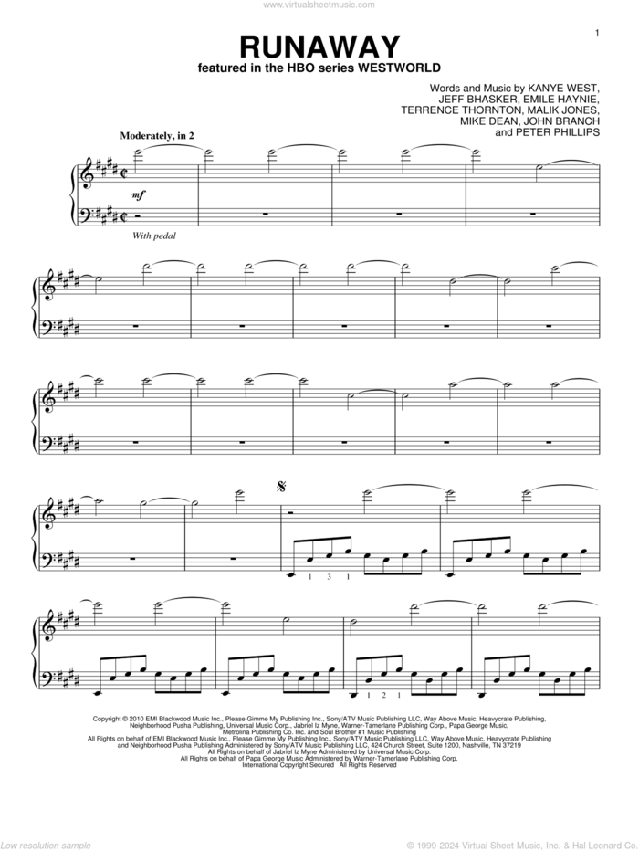 Runaway sheet music for piano solo by Kanye West, Ramin Djawadi, Emile Haynie, Jeff Bhasker, John Branch, Malik Jones, Mike Dean, Peter Phillips and Terrence Thornton, intermediate skill level