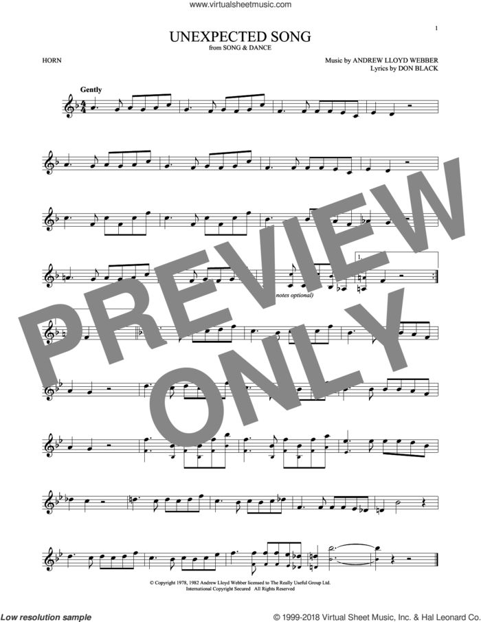 Unexpected Song (from Song and Dance) sheet music for horn solo by Andrew Lloyd Webber, Bernadette Peters, Michael Crawford and Don Black, intermediate skill level