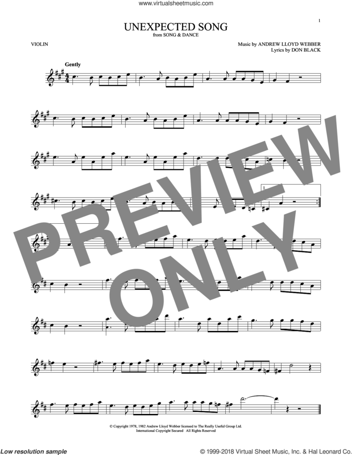 Unexpected Song (from Song and Dance) sheet music for violin solo by Andrew Lloyd Webber, Bernadette Peters, Michael Crawford and Don Black, intermediate skill level