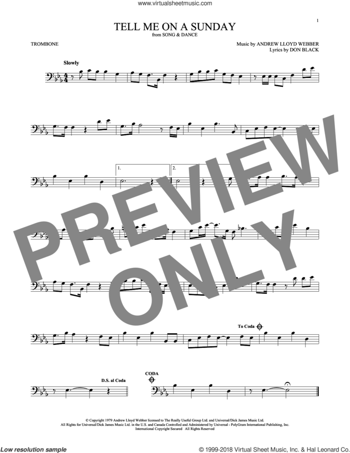 Tell Me On A Sunday sheet music for trombone solo by Andrew Lloyd Webber and Don Black, intermediate skill level