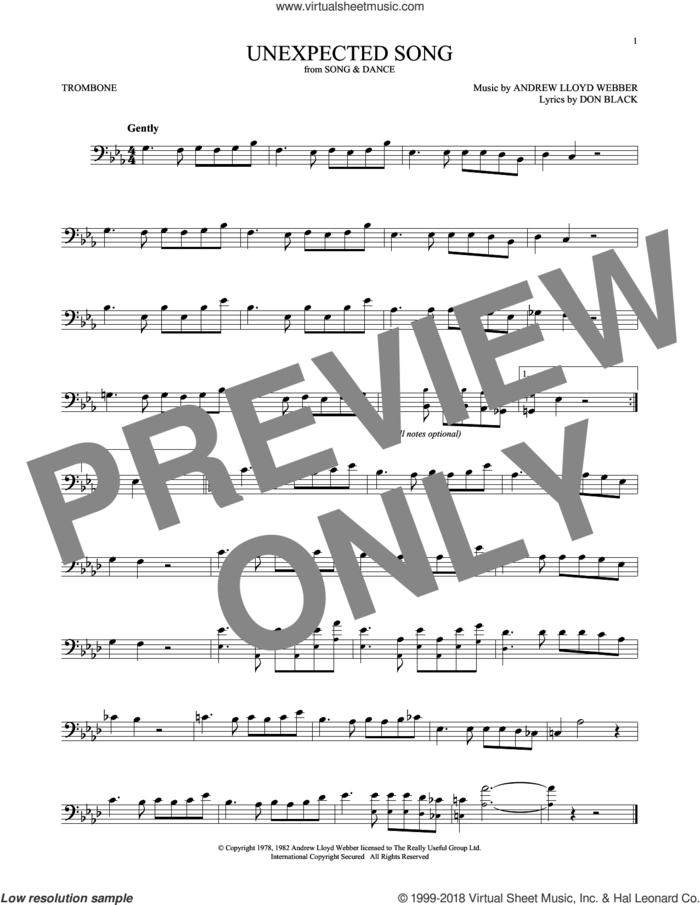 Unexpected Song (from Song and Dance) sheet music for trombone solo by Andrew Lloyd Webber, Bernadette Peters, Michael Crawford and Don Black, intermediate skill level