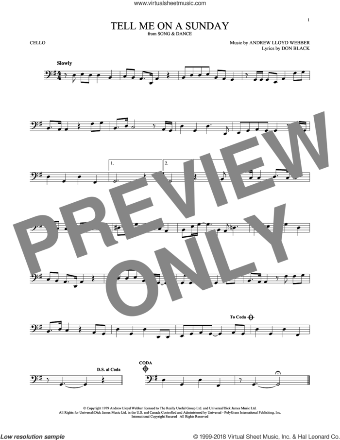 Tell Me On A Sunday sheet music for cello solo by Andrew Lloyd Webber and Don Black, intermediate skill level