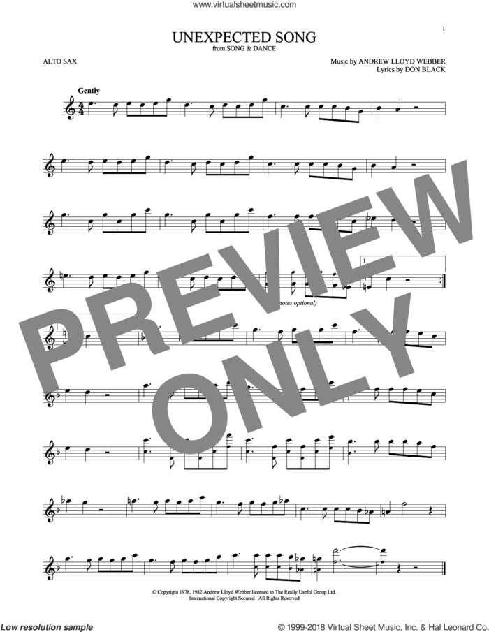 Unexpected Song (from Song and Dance) sheet music for alto saxophone solo by Andrew Lloyd Webber, Bernadette Peters, Michael Crawford and Don Black, intermediate skill level