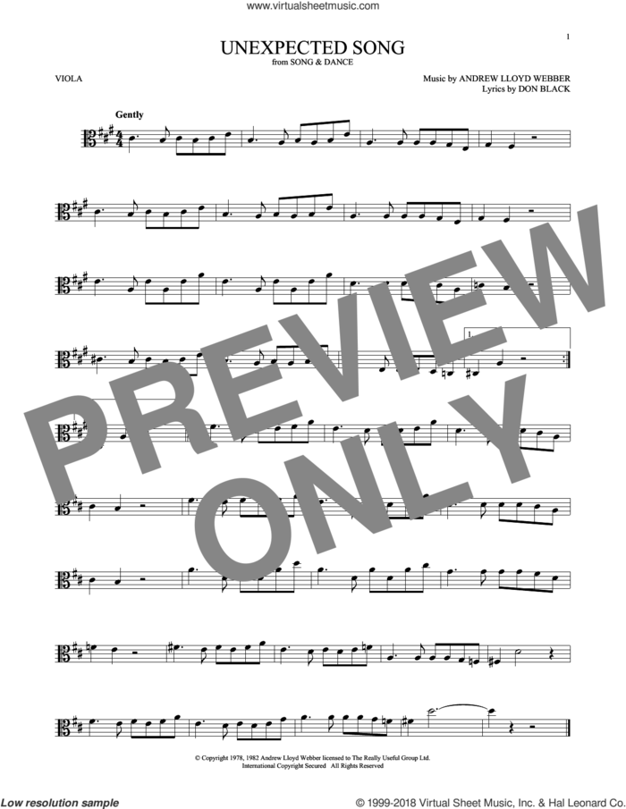 Unexpected Song (from Song and Dance) sheet music for viola solo by Andrew Lloyd Webber, Bernadette Peters, Michael Crawford and Don Black, intermediate skill level
