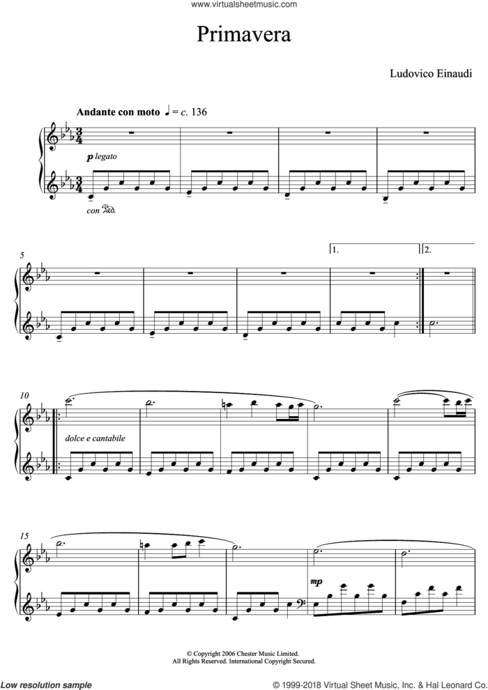 Primavera sheet music for piano solo (elementary) by Ludovico Einaudi, classical score, beginner piano (elementary)