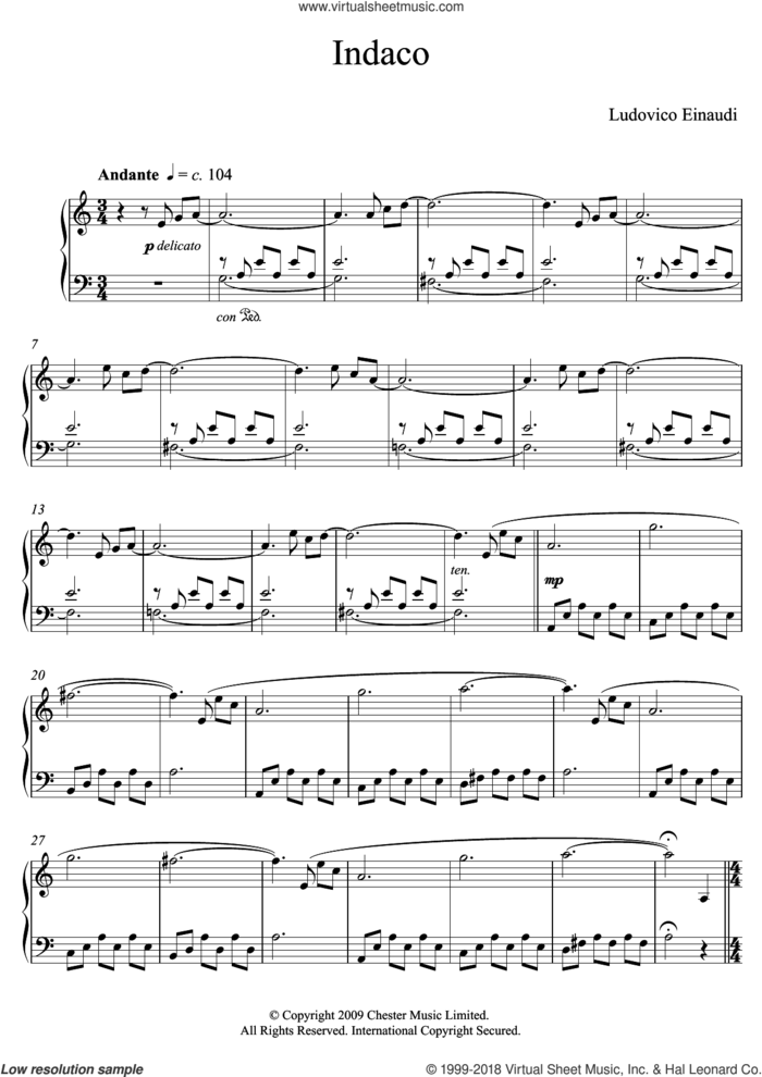 Indaco sheet music for piano solo (elementary) by Ludovico Einaudi, classical score, beginner piano (elementary)