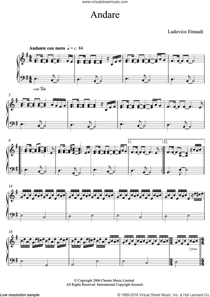 Andare sheet music for piano solo (elementary) by Ludovico Einaudi, classical score, beginner piano (elementary)