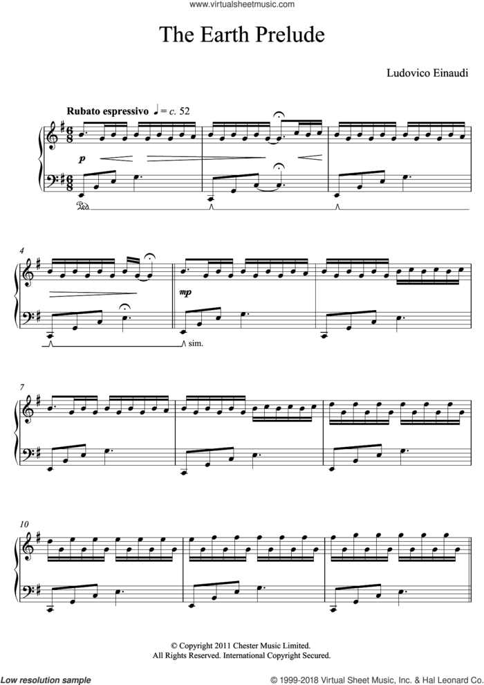 The Earth Prelude sheet music for piano solo (elementary) by Ludovico Einaudi, classical score, beginner piano (elementary)