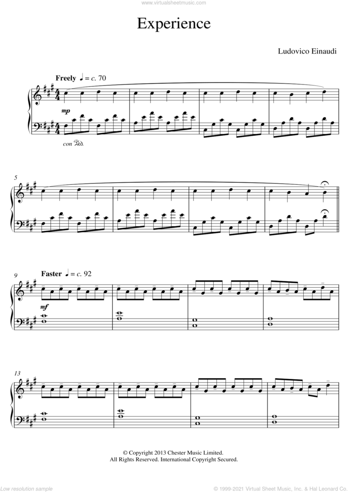 Experience (abridged) sheet music for piano solo (elementary) by Ludovico Einaudi, classical score, beginner piano (elementary)